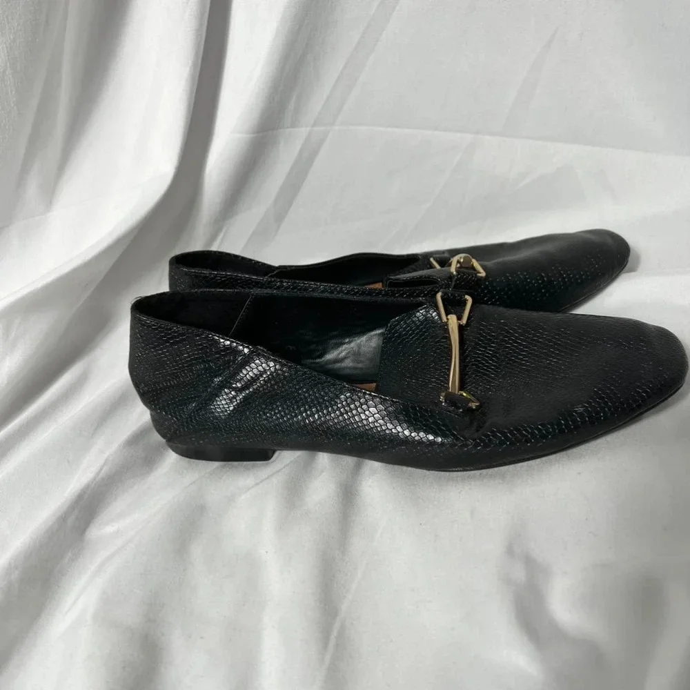 Zara Black Snakeskin Faux Leather Loafers Size 36 Gold Buckle